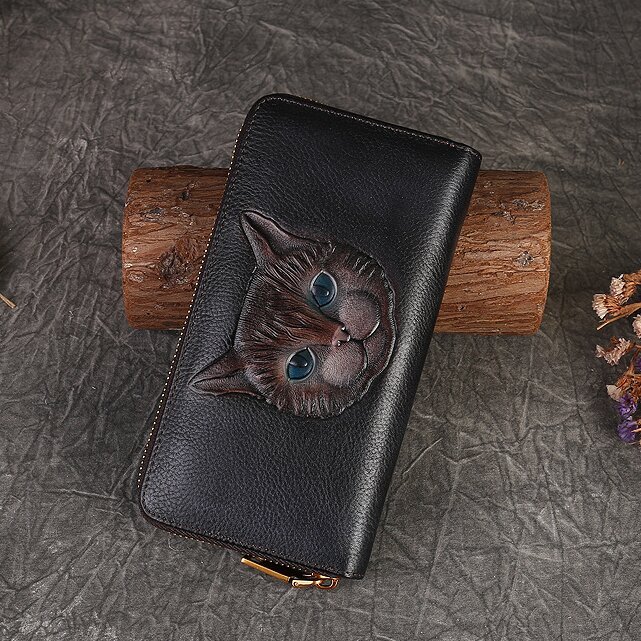 【猫風】精巧な手仕事の芸術品・植鞣天然牛革長財布・職人による手作りの 3D 模様・送料無料