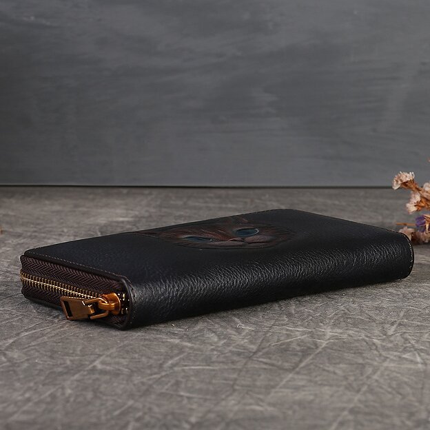 【猫風】精巧な手仕事の芸術品・植鞣天然牛革長財布・職人による手作りの 3D 模様・送料無料