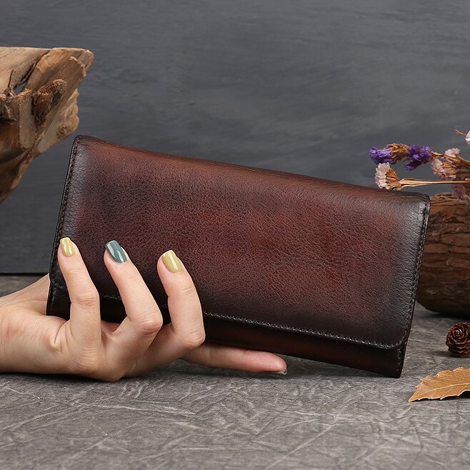 手仕事•美しい芸術品•植鞣天然牛革長財布•送料無料