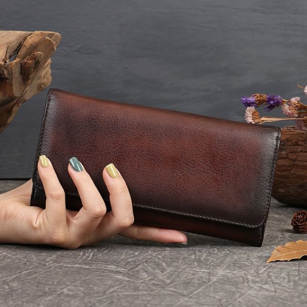 手仕事•美しい芸術品•植鞣天然牛革長財布•送料無料