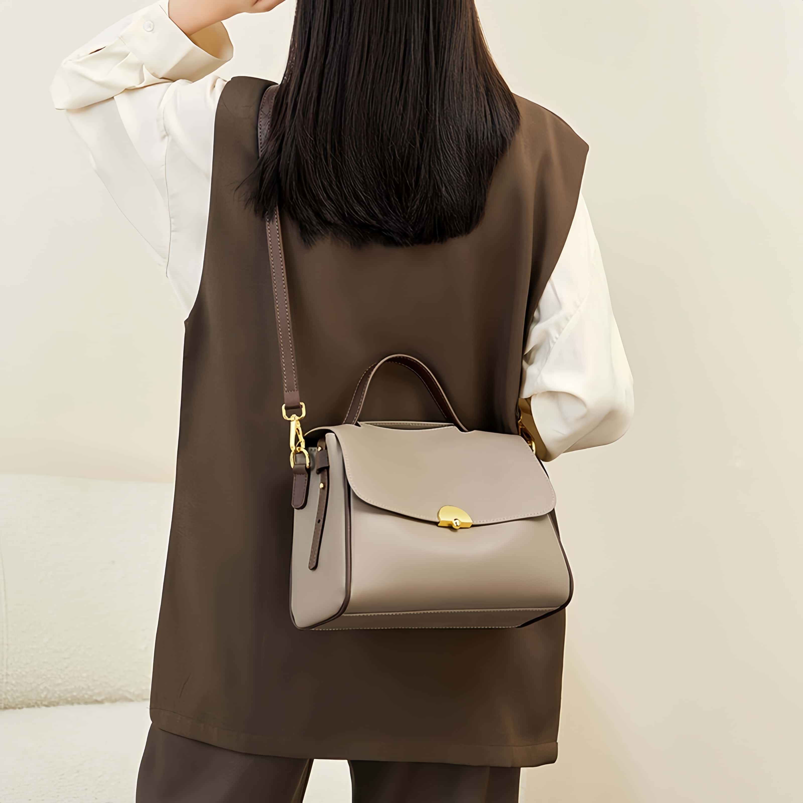 おしゃれで素敵 ！|3WAY|カーキ|乳白|茶|3色|天然牛革ハンドバッグ|牛革斜ショルダーバッグ