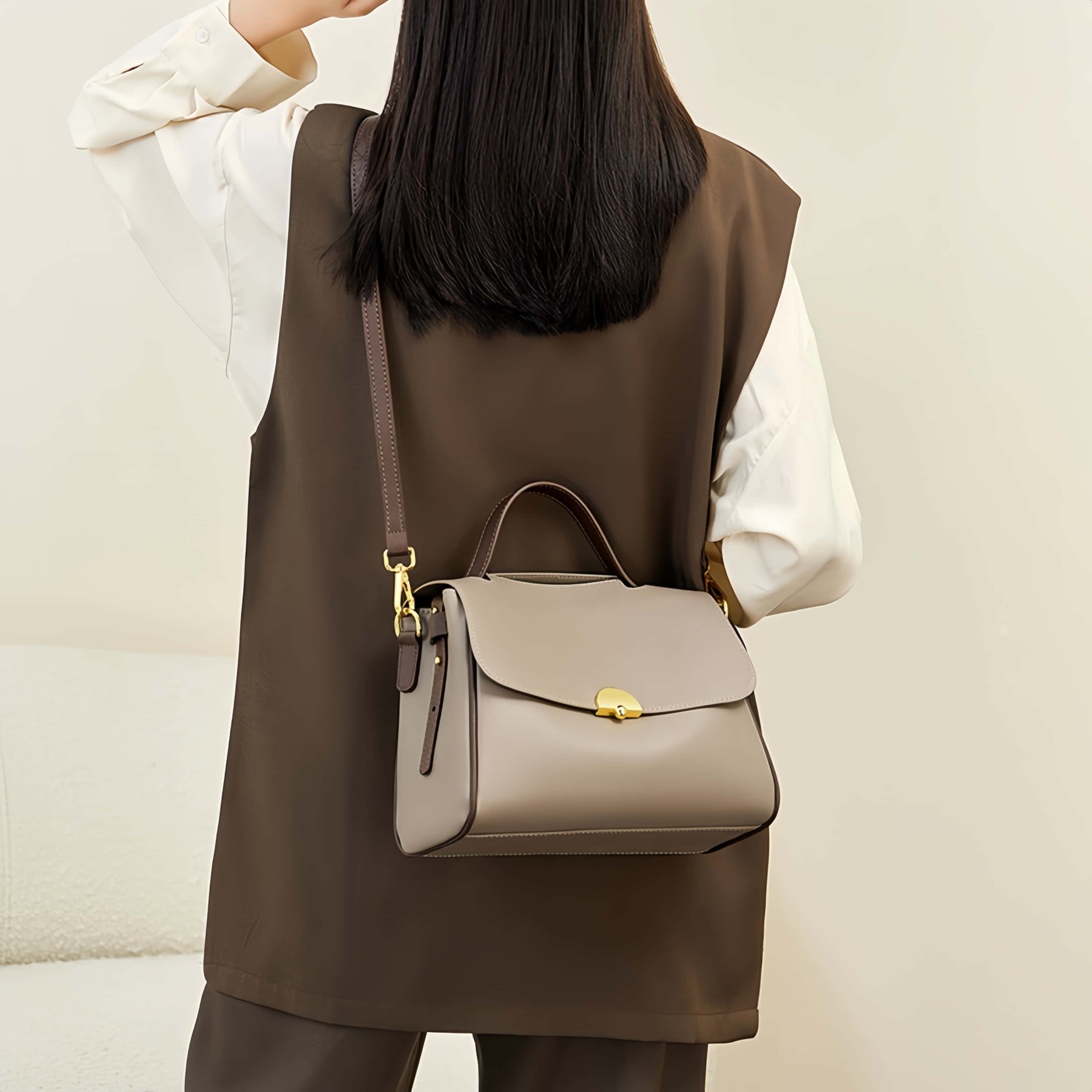 おしゃれで素敵 ！|3WAY|カーキ|乳白|茶|3色|天然牛革ハンドバッグ|牛革斜ショルダーバッグ