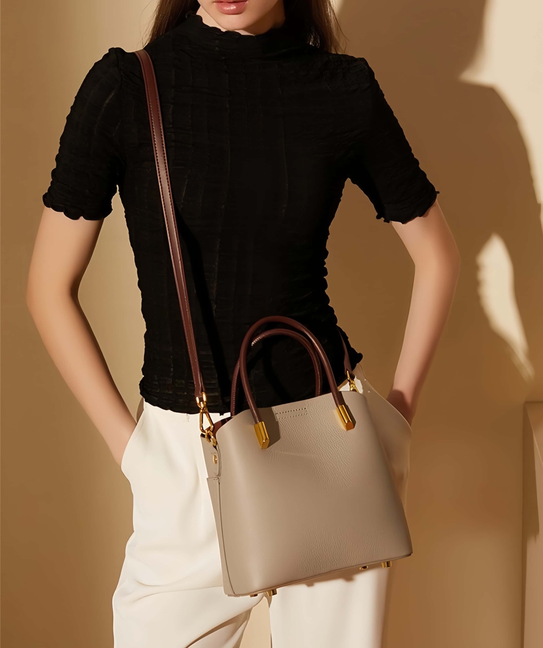 おしゃれで素敵！黒|カーキ|カラメル|3色|牛革ハンドバッグ｜牛革斜め掛けバッグ｜牛革ショルダ一バッグ