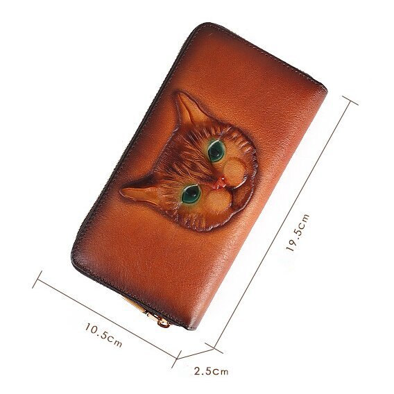 【猫風】精巧な手仕事の芸術品・植鞣天然牛革長財布・職人による手作りの 3D 模様・送料無料