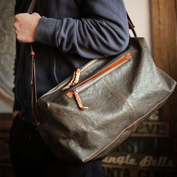 植物タンニン鞣しの天然牛革ショルダーバッグ/ボストンバッグXK4068786HD