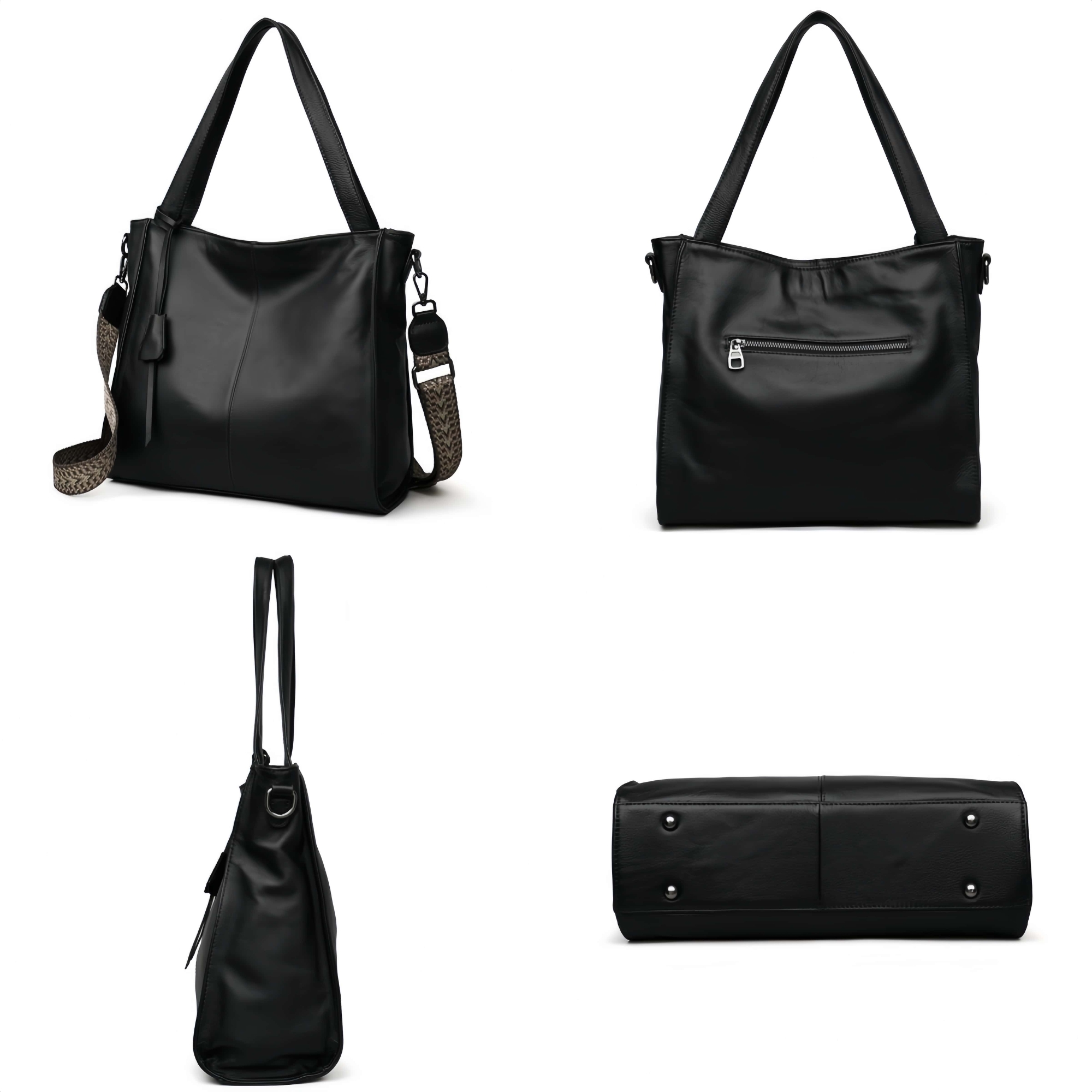 NEW ! •黒|濃い暗マゼンタ|グレー|3色•厚手な軟めな牛革ハンドバッグ•牛革トートバッグ•大容量•通勤や旅行に最適