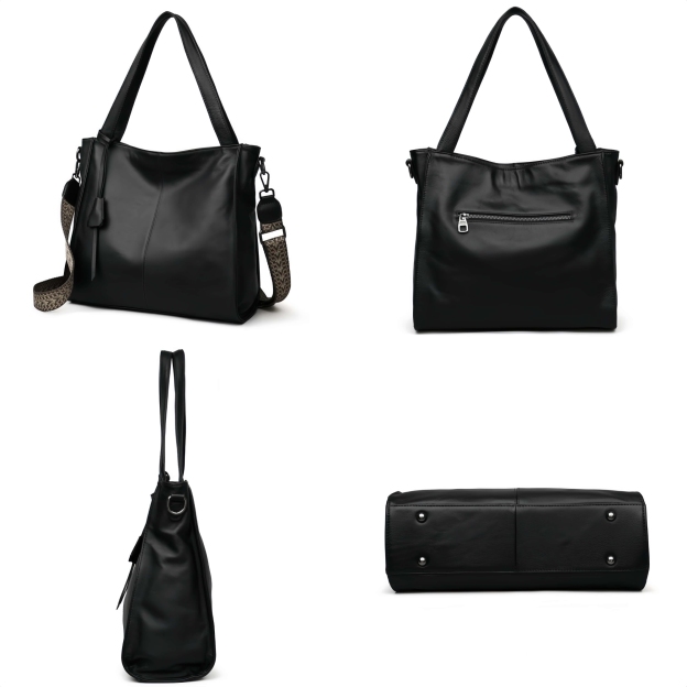 NEW ! •黒|濃い暗マゼンタ|グレー|3色•厚手な軟めな牛革ハンドバッグ•牛革トートバッグ•大容量•通勤や旅行に最適