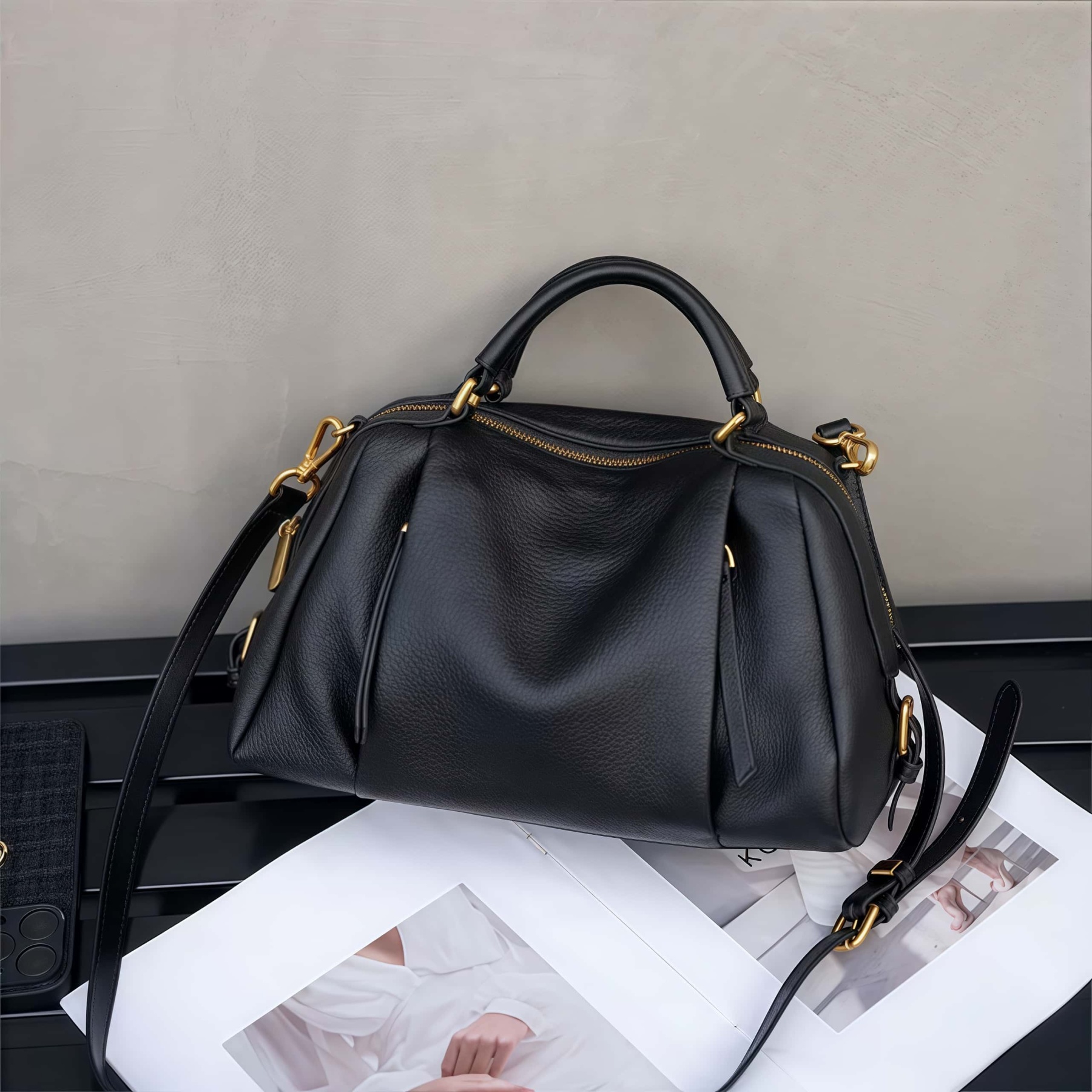 スタイリッシュ！•2色•3WAY•天然厚み柔らかい牛革ハンドバッグ・牛革肩掛けバッグ