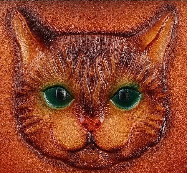 【猫風】精巧な手仕事の芸術品・植鞣天然牛革長財布・職人による手作りの 3D 模様・送料無料