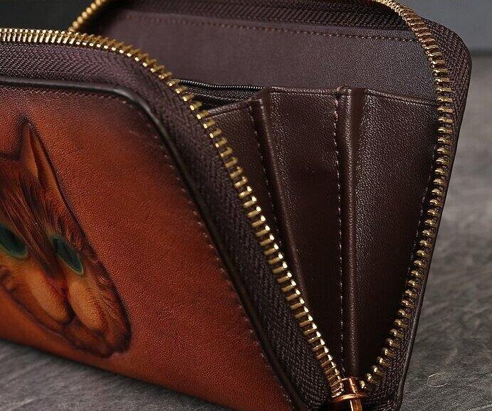 【猫風】精巧な手仕事の芸術品・植鞣天然牛革長財布・職人による手作りの 3D 模様・送料無料