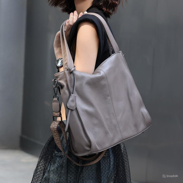 おしゃれで素敵！グレー|黒|茶|3色•3WAY•植物鞣し牛革ハンドバッグ•牛革トートバッグ