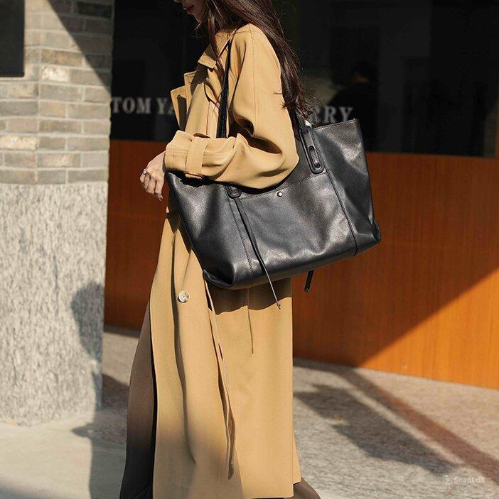 優雅な天然牛革トートバッグ|通勤・旅行に最適な大容量デザイン