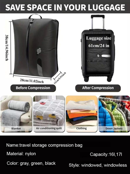 Pump-free travel clothing storage compression bag