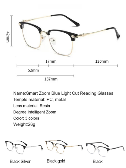 Automatic zoom blue light blocking reading glasses