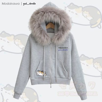 MODAKAWA x gud_doodleスリーピングキティ グラフィック フリース裏地 フェイクファートリム ジップアップパーカー - グレー - L - image 3