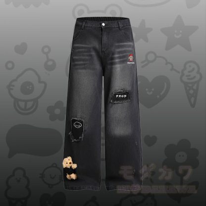 子犬の刺繍入りストライプカラーブロックポロシャツとダメージデニムパンツのModakawaお揃いコーデ - 黒のパンツ - XL - image 6