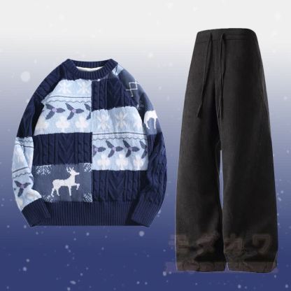 カラーブロックフリース裏地セーターコーデュロイパンツツーピース - セットD - 2XL - image 4