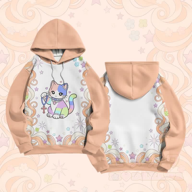 マキシマリストレインボーキャットグラフィックModakawaカラーブロックプルオーバーパーカー - オレンジ - 6XL - image 3