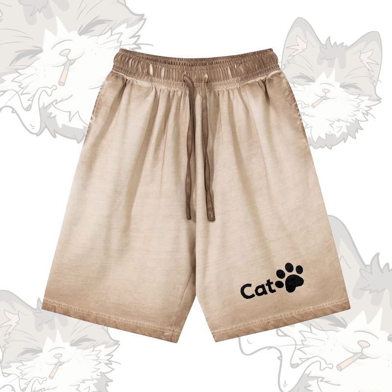 CATグラフィックModakawa 100%綿グラデーション ヴィンテージウォッシュ加工 ダメージ加工 ショートパンツ - Khaki - 5XL - image 2