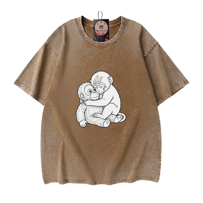 モンキーハグ グラフィックModakawaヴィンテージウォッシュ100%綿Tシャツ - Brown - 5XL - image 7