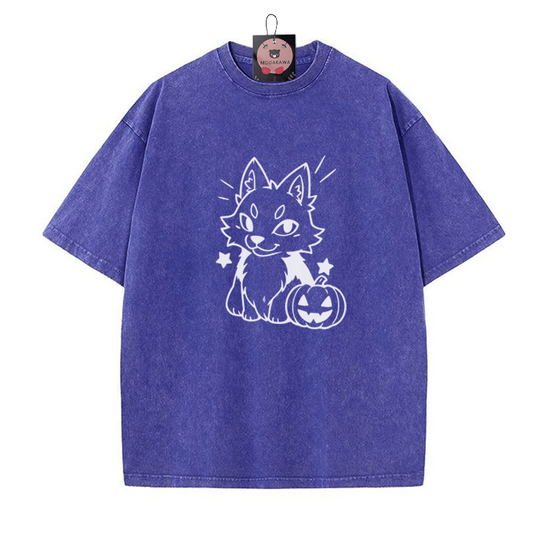 遊び心のあるキツネのパンプキングラフィック ユニセックス ヴィンテージ ウォッシュTシャツ - Blue - 5XL - image 4