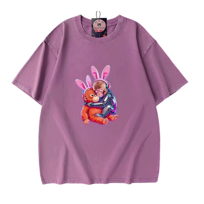 ハグするサイバーモンキー グラフィックModakawaヴィンテージウォッシュ100%綿Tシャツ - Purple - 5XL - image 6
