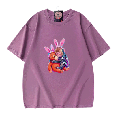 ハグするサイバーモンキー グラフィックModakawaヴィンテージウォッシュ100%綿Tシャツ - Purple - 5XL - image 6