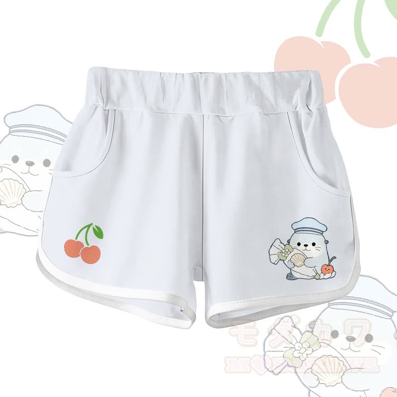 かわいいアザラシ柄の綿100% T綿とグラデーションショーツのModakawaカワツーピースセット - 白いショートパンツ - 5XL - image 6