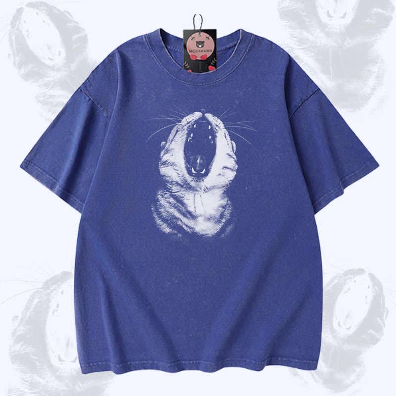 猫の口のグラフィック入りModakawaヴィンテージウォッシュ加工綿100% Tシャツ - Blue - 5XL - image 4