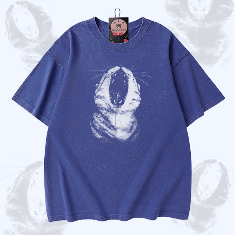 猫の口のグラフィック入りModakawaヴィンテージウォッシュ加工綿100% Tシャツ - Blue - 5XL - image 4