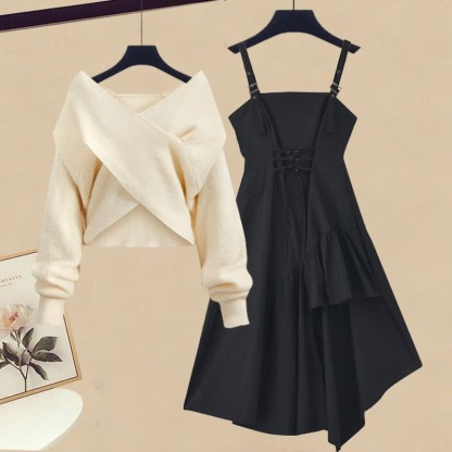 クロスニットセーター イレギュラーレースアップ スリップドレス マッチングアウトフィット - Apricot Sweater+Black Dress - XL - image 3