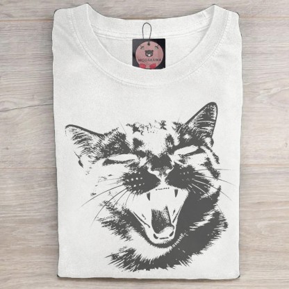 MODAKAWA 口を開けた猫のグラフィック ユニセックス ヴィンテージウォッシュTシャツ - White - 5XL - image 3