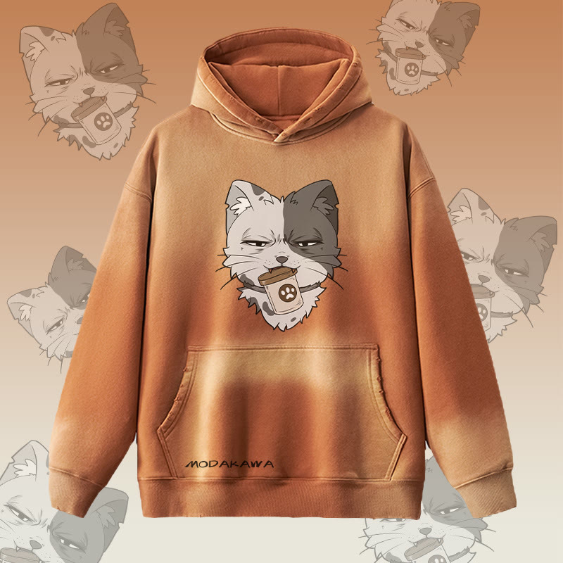 MODAKAWA 缶を持った猫のグラフィック ヴィンテージウォッシュ加工裏起毛パーカー - Brown - 2XL - image 3