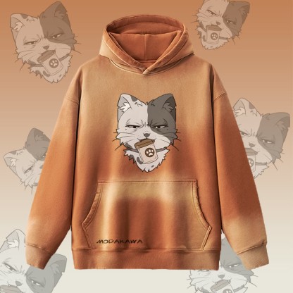MODAKAWA 缶を持った猫のグラフィック ヴィンテージウォッシュ加工裏起毛パーカー - Brown - 2XL - image 3