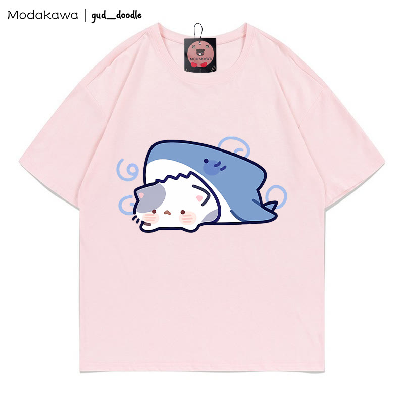 Modakawa x gud_doodleシャークキティプリント100%綿Modakawa Tシャツ - Pink - 5XL - image 4