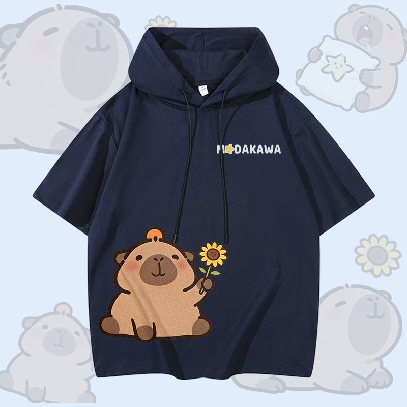 ひまわりとカピバラのグラフィック柄のModakawa半袖パーカー - Purplish Blue - 3XL - image 2
