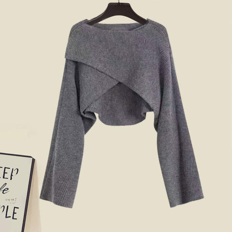 クロスニットセーターのフリル付きスリップドレスのマッチングアウトフィット - Gray Sweater - XL - image 6