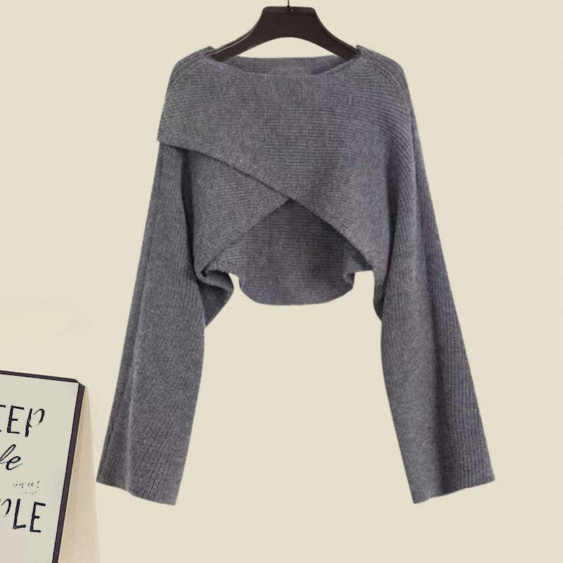 クロスニットセーターのフリル付きスリップドレスのマッチングアウトフィット - Gray Sweater - XL - image 6