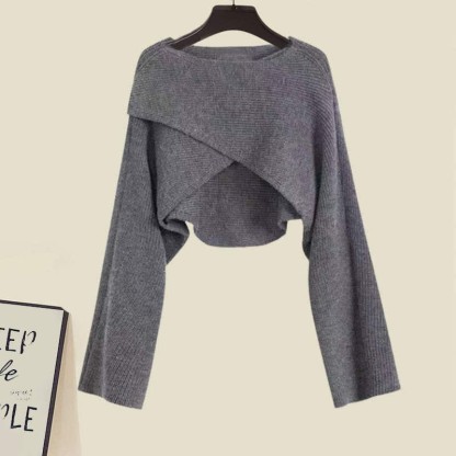 クロスニットセーターのフリル付きスリップドレスのマッチングアウトフィット - Gray Sweater - XL - image 6