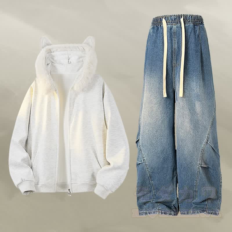 アニマルイヤーフリース裏地ジップアップパーカーデニムパンツツーピース - セットD - 2XL - image 4