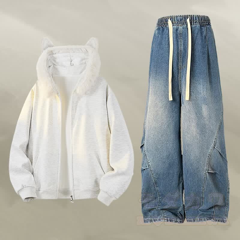 アニマルイヤーフリース裏地ジップアップパーカーデニムパンツツーピース - セットD - 2XL - image 4