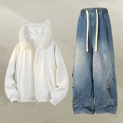 アニマルイヤーフリース裏地ジップアップパーカーデニムパンツツーピース - セットD - 2XL - image 4