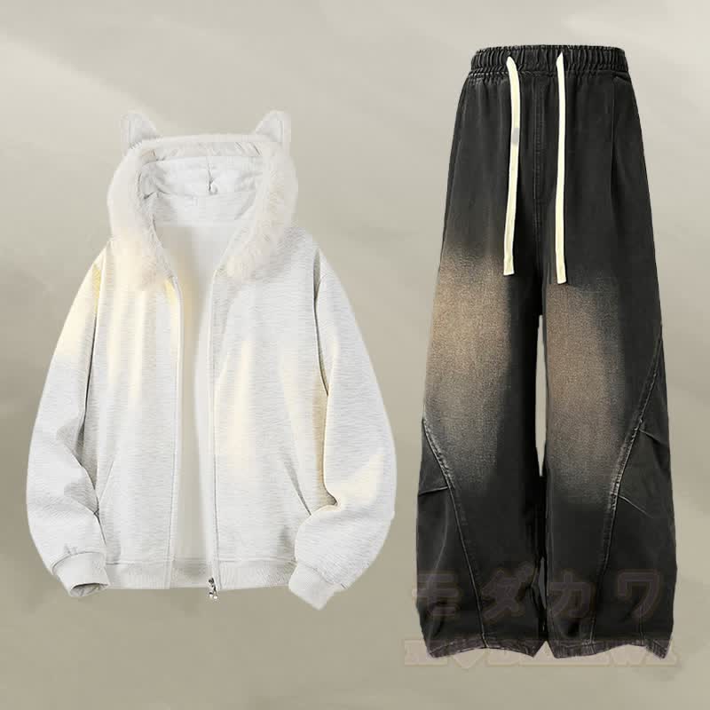 アニマルイヤーフリース裏地ジップアップパーカーデニムパンツツーピース - セットC - 2XL - image 3