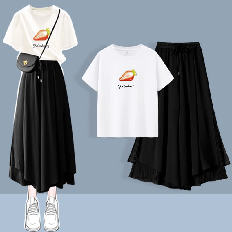 シックなプリントTシャツ シフォン スプリットワイドレッグパンツ 2ピースセット - Black - 3XL - image 3