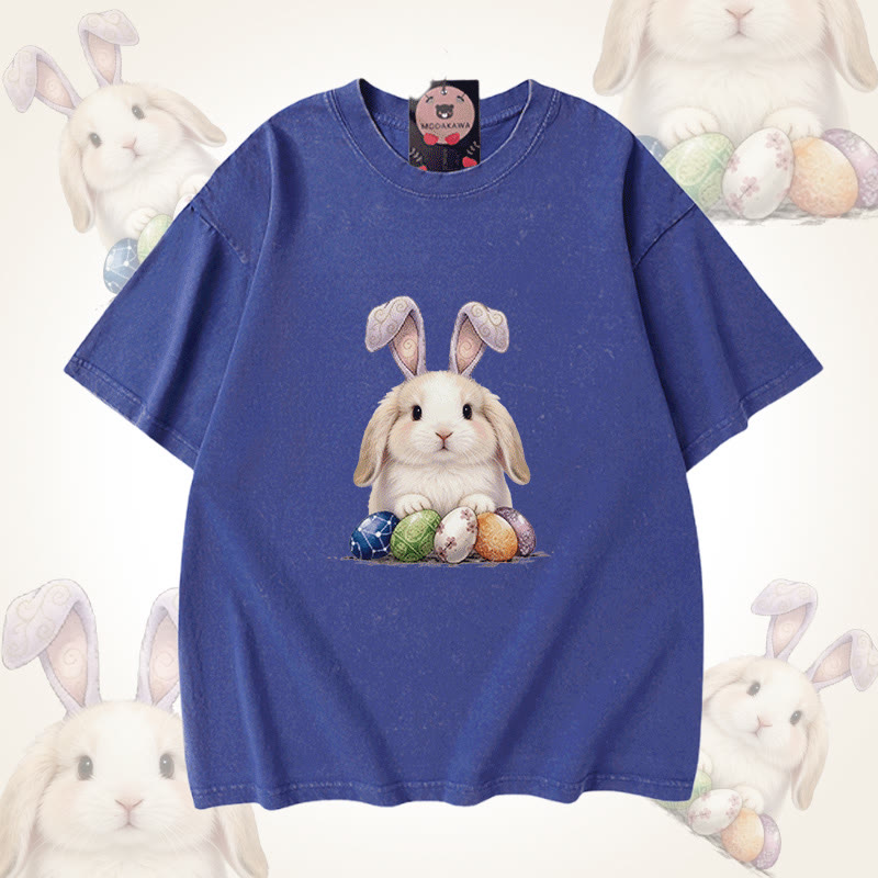 イースターエッグバニーグラフィックModakawaユニセックス ヴィンテージウォッシュドTシャツ - Blue - 5XL - image 3