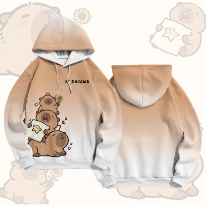 カピバラスタックグラフィックModakawaプルオーバーパーカー - Brown & White - 6XL - image 2