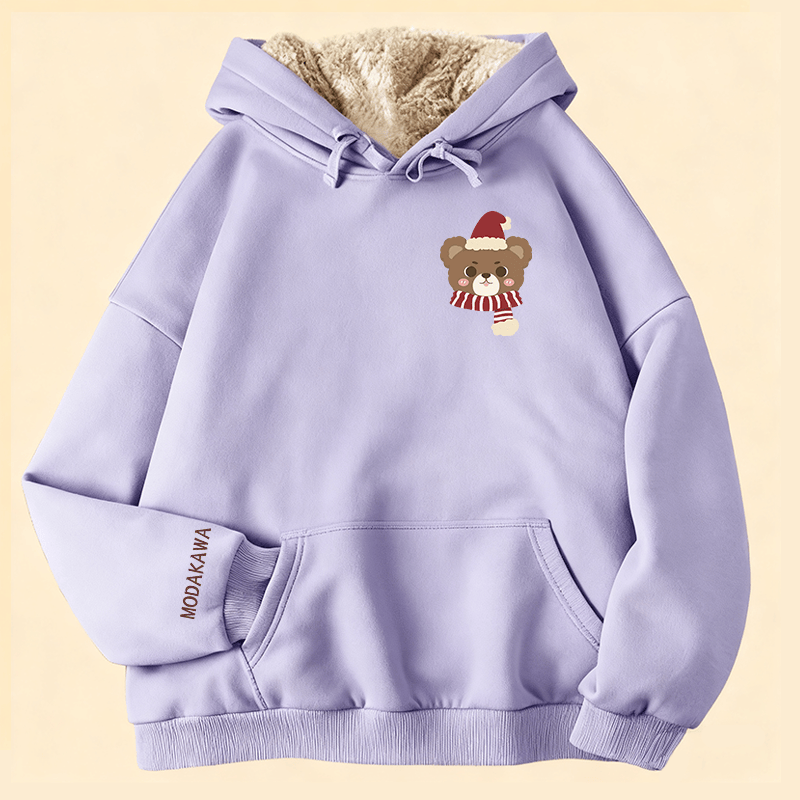 MODAKAWA クリスマススカーフ ベアグラフィック 厚手フリース裏地冬パーカー - Purple - 2XL - image 2