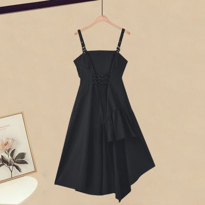 クロスニットセーター イレギュラーレースアップ スリップドレス マッチングアウトフィット - Black Dress - XL - image 7