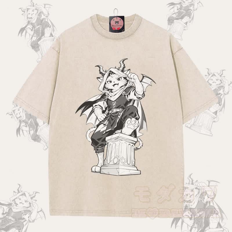 MODAKAWA ダークナイトキャットグラフィック ユニセックス ヴィンテージウォッシュTシャツ - アプリコット - 5XL - image 3