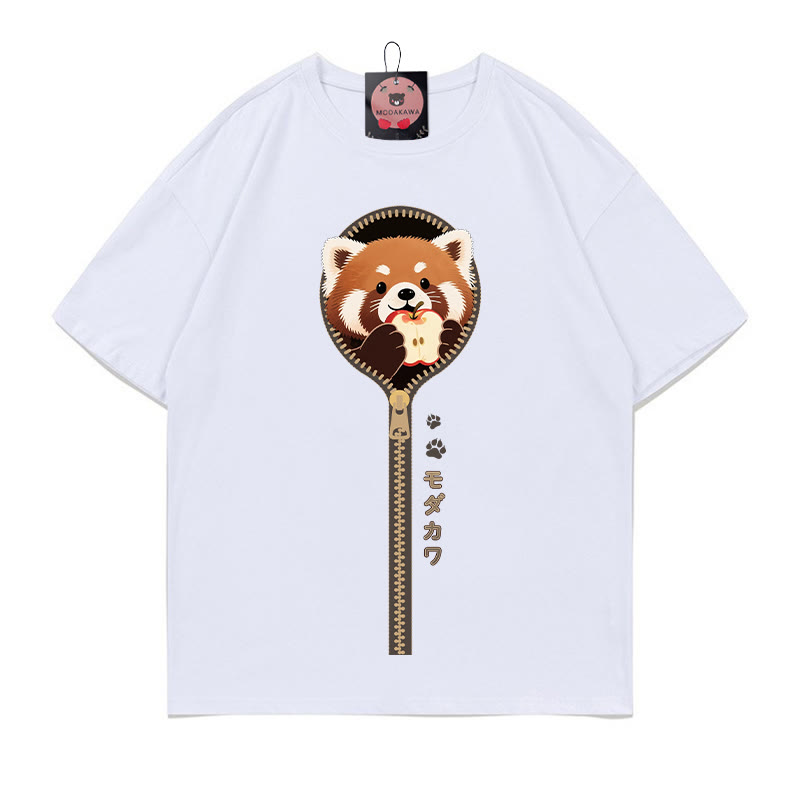 レッサーパンダ ジッパープリント100%綿ModakawaTシャツ - White - 5XL - image 3
